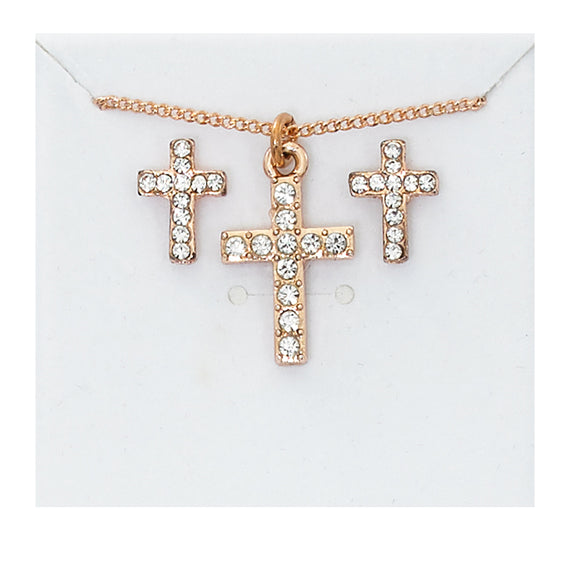 Rose Gold and Crystal Cross Earrings and Necklace Set