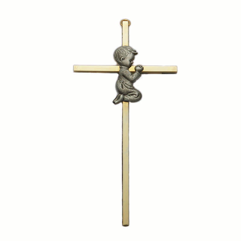 7 Gold Finish Pearlized Metal Cross with Pewter Communion Boy Figure -  William J Hirten Co
