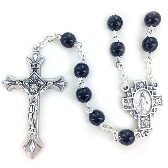 Round Black Glass Bead Rosary