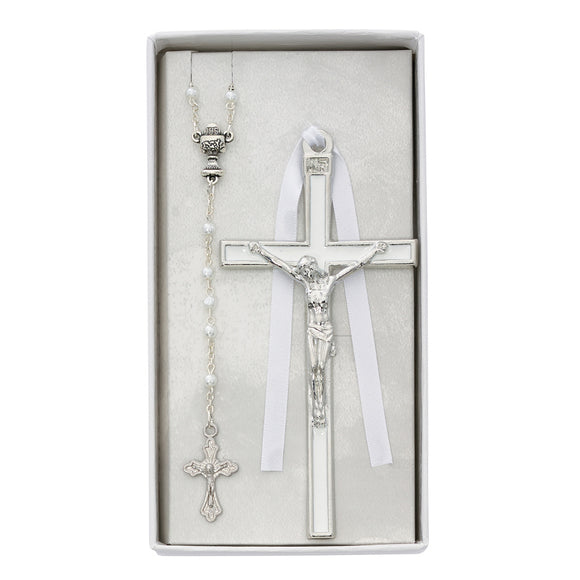 White Communion Rosary and Enameled Crucifix Set