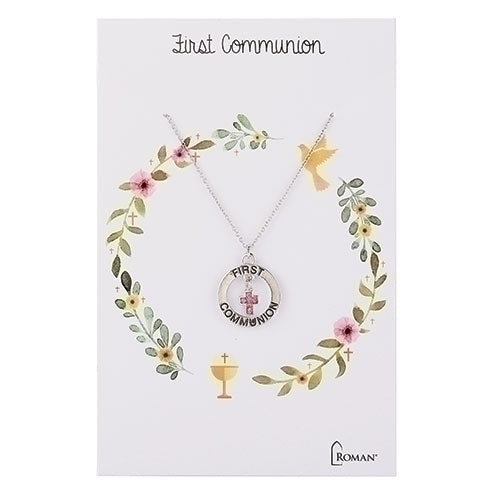 Pink Crystal First Communion Silver Necklace