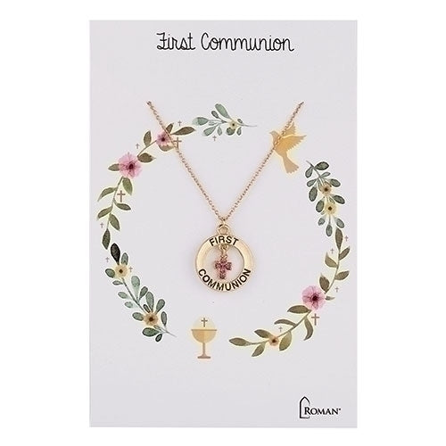 Pink Crystal First Communion Gold Necklace