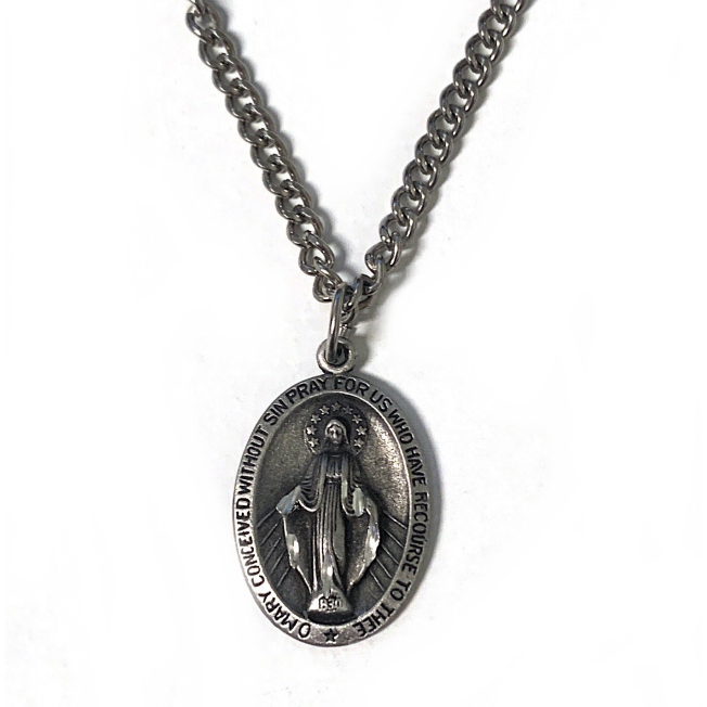 Pewter Miraculous Medal with 24 Chain