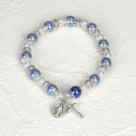 Capped Light Blue & Pearl Stretch Bracelet