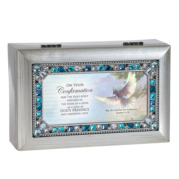 Silver and Blue Jeweled Confirmation Music Box