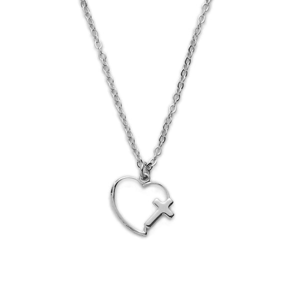 First Holy Communion Silver Heart with Cross Necklace