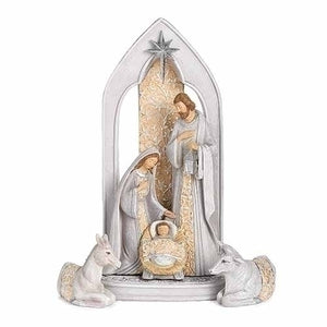 11" 3 Piece Holy Family with Animals Grey and Ivory