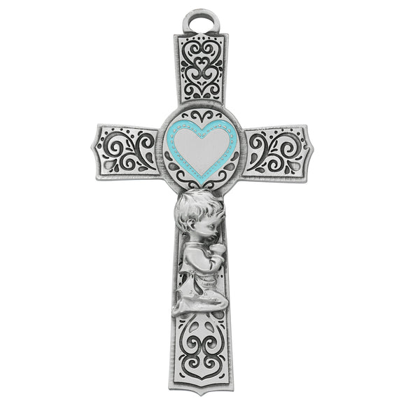 Pewter Boy Cross with Blue Heart