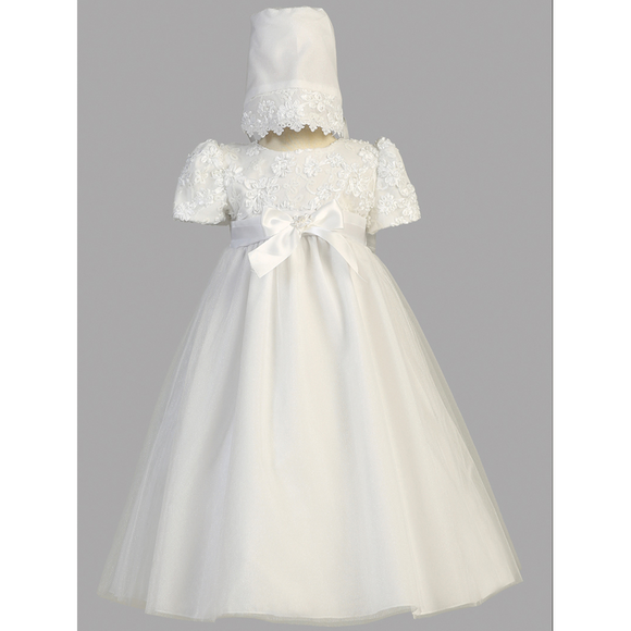 Embroidered Satin Ribbon Tulle Baptism Gown
