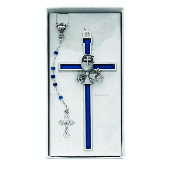 Blue Communion Rosary and Enameled Cross Set
