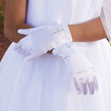 Satin First Communion Gloves with Rhinestone Cross