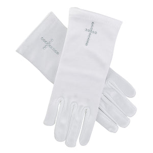 Satin First Communion Gloves with Rhinestone Cross
