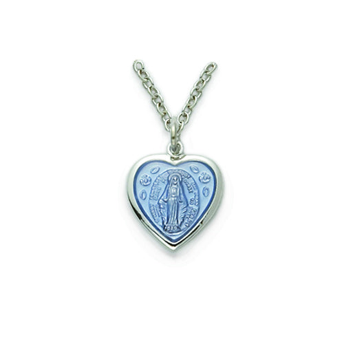 Blue Enameled Heart Shaped Sterling Silver Miraculous Medal