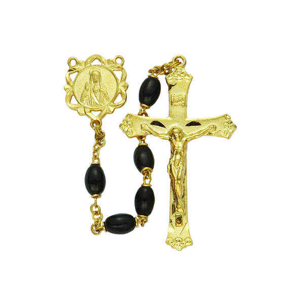 Black Glass Bead Rosary-Gold