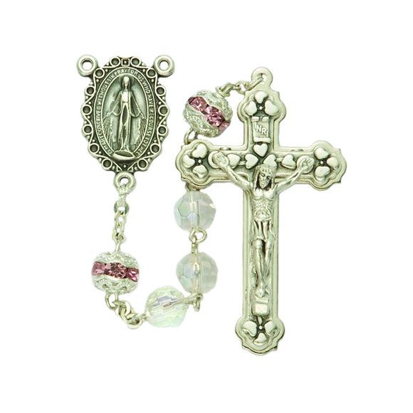 Crystal Rosary with Filigree & Pink Crystal Our Father Beads