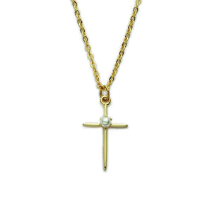 First Holy Communion Gold Cross with Faux Pearl Necklace