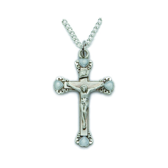 Silver Crucifix with White Heart Ends