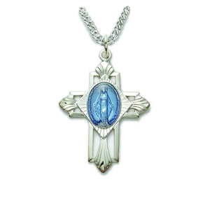 Sterling Silver Blue Enameled Miraculous Medal Cross