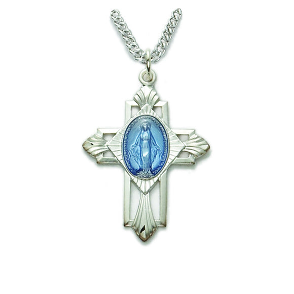 Sterling Silver Blue Enameled Miraculous Medal Cross