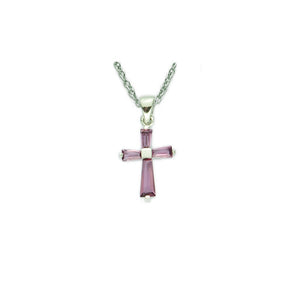 February Birthstone Sterling Silver Cross 16" Chain