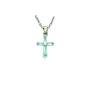 March Birthstone Sterling Silver Cross 16" Chain