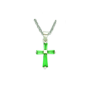 May Birthstone Sterling Silver Cross 16" Chain