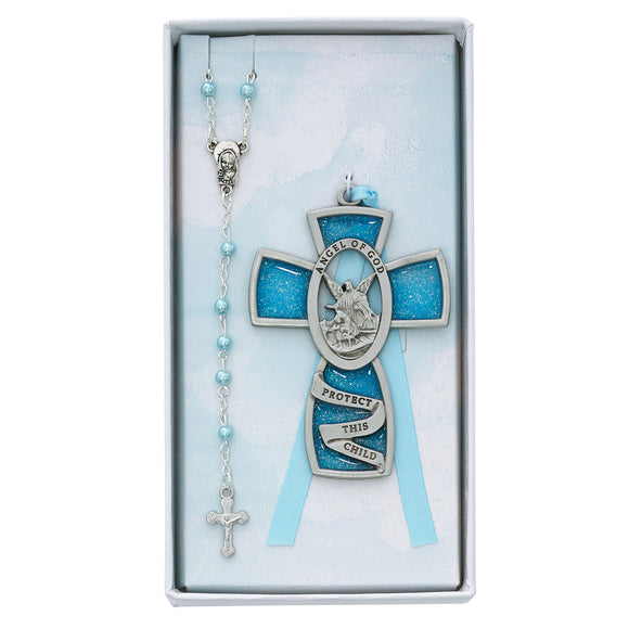 Blue Guardian Angel Cross & Pearl Rosary Set
