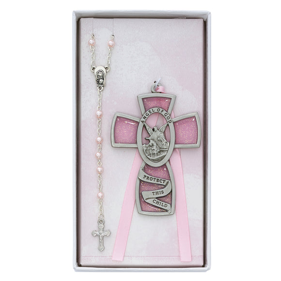 Pink Guardian Angel Cross & Pearl Rosary Set