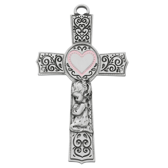 Pewter Girl Cross with Pink Heart