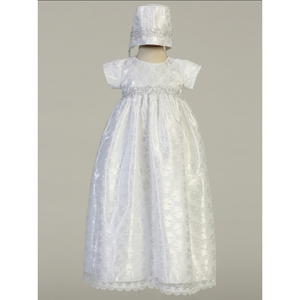 Lace Baptism Gown with Silver Embroidered Trim