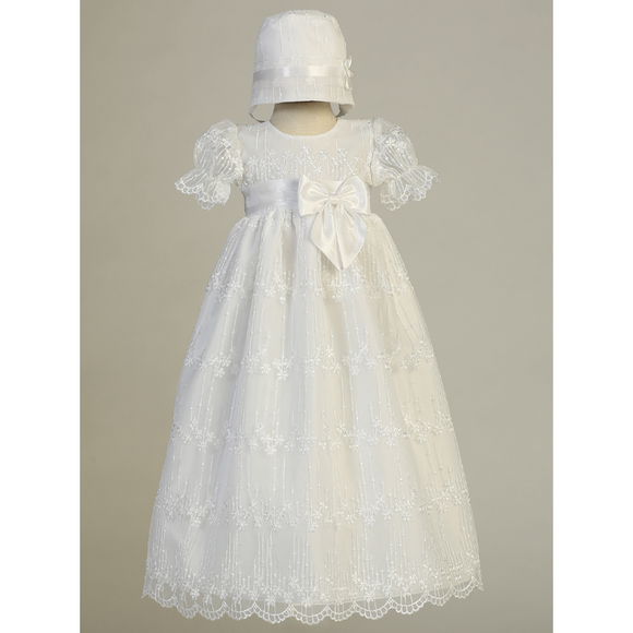 Embroidered Tulle Baptism Gown with Bonnet