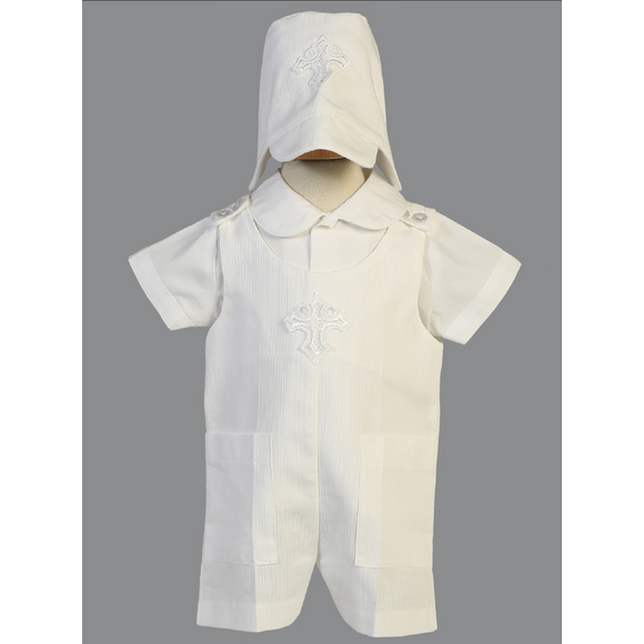 Boy's Baptism Cotton Romper with Embroidered Cross