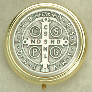 Silver Toned Pyx with St. Benedict