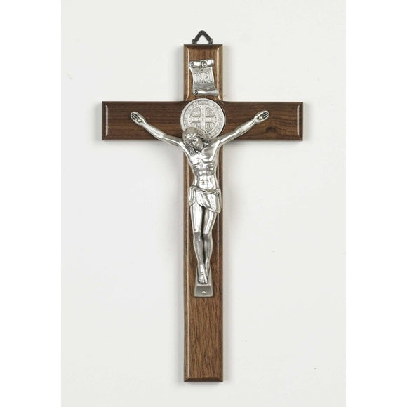 Nut Wood St. Benedict Crucifix w/ Silver Tone Corupus - 10 inch
