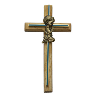 Brass Praying Boy with Oak and Blue Cross