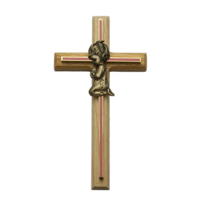 Brass Praying Girl with Oak and Pink Cross