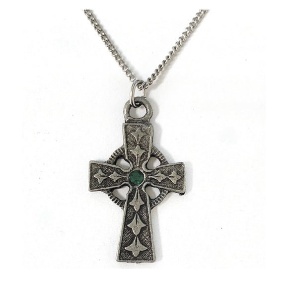 Pewter Celtic Cross with Green Crystal Necklace