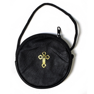 Round Black Leather Zippered Rosary Pouch