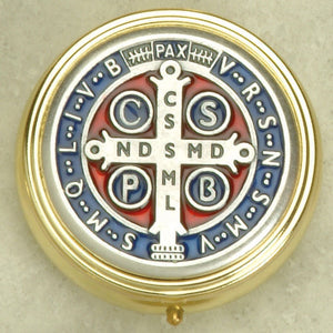 Silver Toned Pyx with St. Benedict Enameled