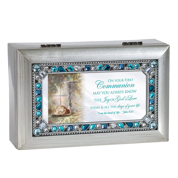 Silver & Blue Jeweled First Communion Music Box