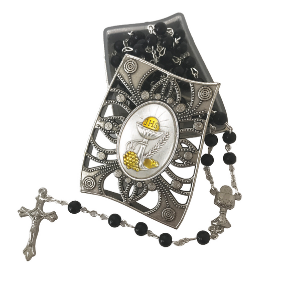 First Communion Black Glass Rosary & Box