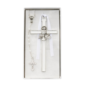 White Communion Rosary and Enameled Cross Set
