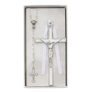 White Communion Rosary and Enameled Crucifix Set