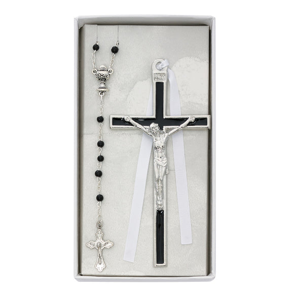 Black Communion Rosary and Enameled Crucifix Set