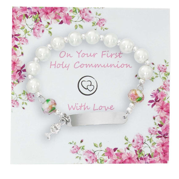 White Pearl Stretch Communion Bracelet