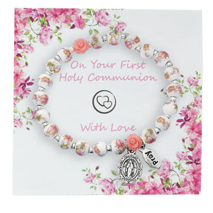 Pink Floral Ceramic Communion Bracelet