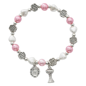 Pink Pearls & Flowers Stretch Communion Bracelet