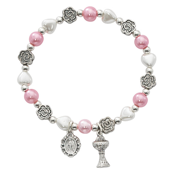 Pink Pearls & Flowers Stretch Communion Bracelet