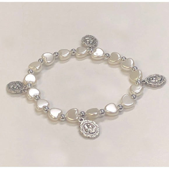 Pearl Heart Stretch First Communion Bracelet with Charms
