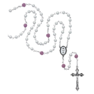 White Pearl with Purple Roses First Communion Rosary